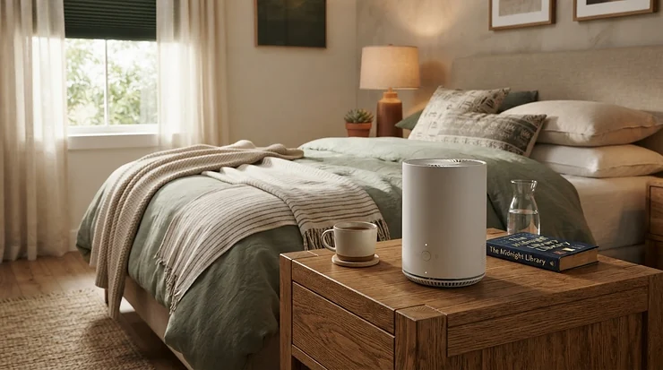 A sleek white cylindrical device sitting on a wooden nightstand next to a neatly made bed in a calm apartment setting. quietest air purifier for bedroom sleep