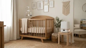 A whisper-quiet air purifier operating in a peaceful baby nursery next to a wooden crib with pastel decor.