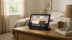 Smart air purifier featuring digital display placed in a cozy resting room for pet owners