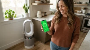 Smart air purifier for bedroom with pets showing air quality status on a smartphone screen with a dog watching.