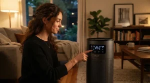 Smart air purifier for large living room showing air quality metrics on a glowing LED panel