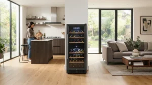 Smart air purifier for living room smoke odor positioned in an open-concept suburban home layout.