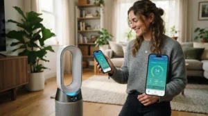 A smart air purifier for living room with pets being adjusted via smartphone by a smiling owner.