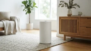 Stylish air purifier for bedroom with pets seamlessly blending into minimalist home decor next to a cat tree.