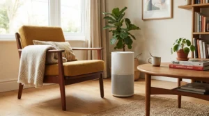 Designer air purifier for large living room complementing mid-century modern furniture and hardwood floors.