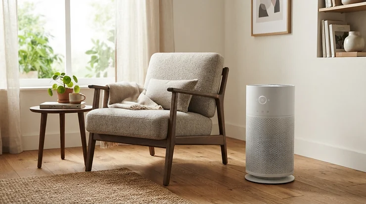 Stylish air purifier for living room smoke odor blending into minimalist interior design aesthetics.