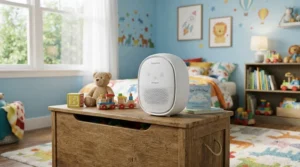A top rated air purifier for bedroom allergies placed in a well-ventilated kids bedroom