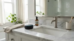 A compact air purifier for bathroom odor placed neatly on a modern white vanity counter.