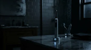 An air purifier for bathroom odor showing a blue LED air quality indicator light at night.