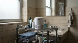 A compact air purifier for bathroom odor set up on a corner shelf in a college dorm bathroom.