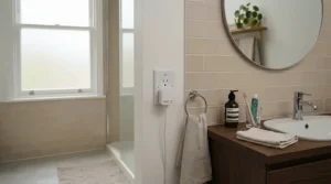 An air purifier for bathroom odor operating quietly inside a bustling shared apartment restroom.