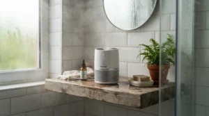 An efficient air purifier for bathroom odor sitting on a shelf during a steamy shower.