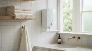 A sleek wall-mounted air purifier for bathroom odor installed above a towel rack.