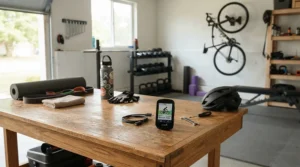 Affordable air purifier for garage gym placed on a workbench next to dumbbell sets.
