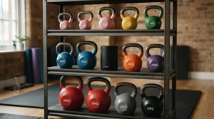 Small air purifier for garage gym fitting neatly on a shelving unit above kettlebells.