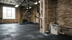 Durable air purifier for garage gym positioned in the corner of a functional fitness training zone.