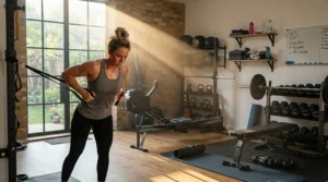 Compact air purifier for garage gym filtering out fine dust from woodworking and fitness activities.