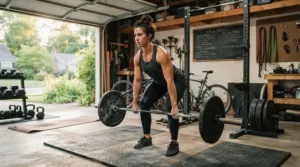 An air purifier for garage gym sitting near a heavy lifting rack during an intense workout session.