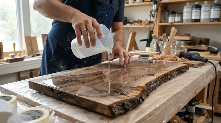 An industrial-grade air purifier for garage workshop fumes removing heavy VOC vapors during an epoxy resin pouring project.