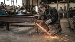 An air purifier for garage workshop fumes capturing microscopic metal particles and sparks from an angle grinder.
