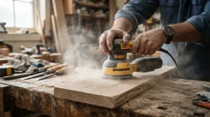 A portable air purifier for garage workshop fumes running near a workbench during heavy orbital sanding of hardwood.