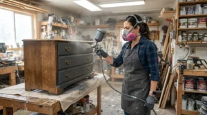 Using an air purifier for garage workshop fumes to clear out aerosol overspray and chemical odors while painting a cabinet door.