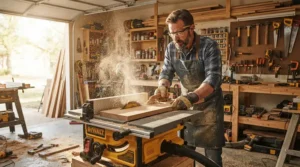 An air purifier for garage workshop fumes operating efficiently while a carpenter cuts timber, capturing airborne sawdust.