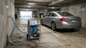 A heavy duty garage air purifier for exhaust fumes operating near a vehicle in an attached residential space.