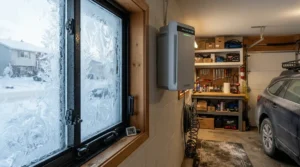 A winter garage air purifier for exhaust fumes cleaning indoor air when doors remain closed.