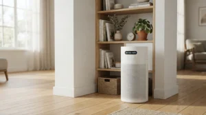A freestanding garage air purifier for exhaust fumes tucked neatly into the corner of a clean parking bay.