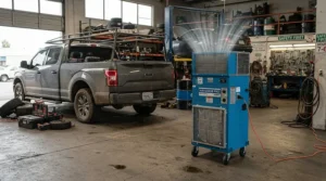 An industrial garage air purifier for exhaust fumes capturing heavy particulates from a truck tailpipe.