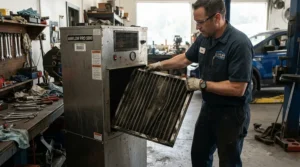 Replacing a HEPA filter in a garage air purifier for exhaust fumes to trap microscopic particles.