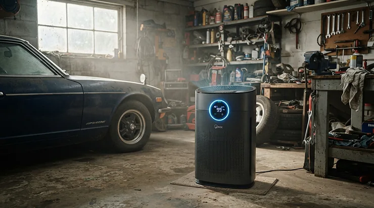 A smart garage air purifier for exhaust fumes automatically turning on to clear tailpipe smoke.